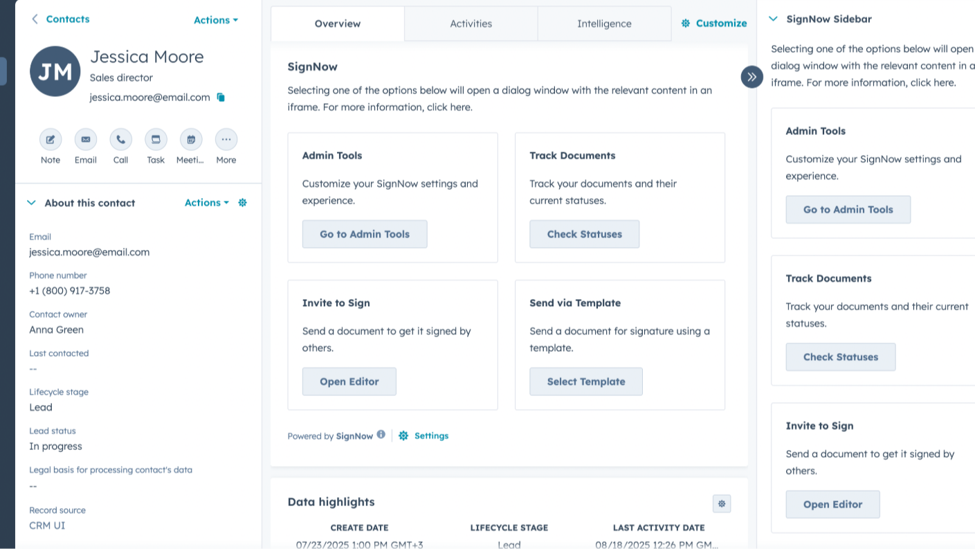 HubSpot eSignature made easy with quick CRM cards.